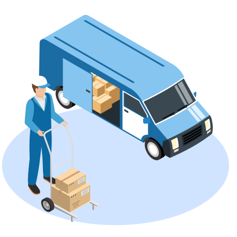 荷物を運ぶ配達員とトラックのイラスト